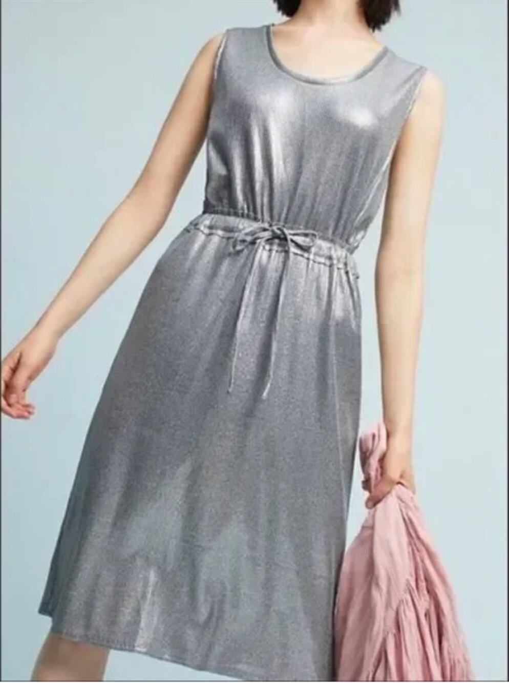 DOLAN | Anthropologie Metallic Silver Ribbed Cinch Waist Midi Dress | Large
